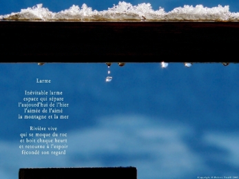 Gouttes, fondant de la neige, sur une balustrade. La vallée est visible dans la goutte. Poème sur la rondeur d'une larme.